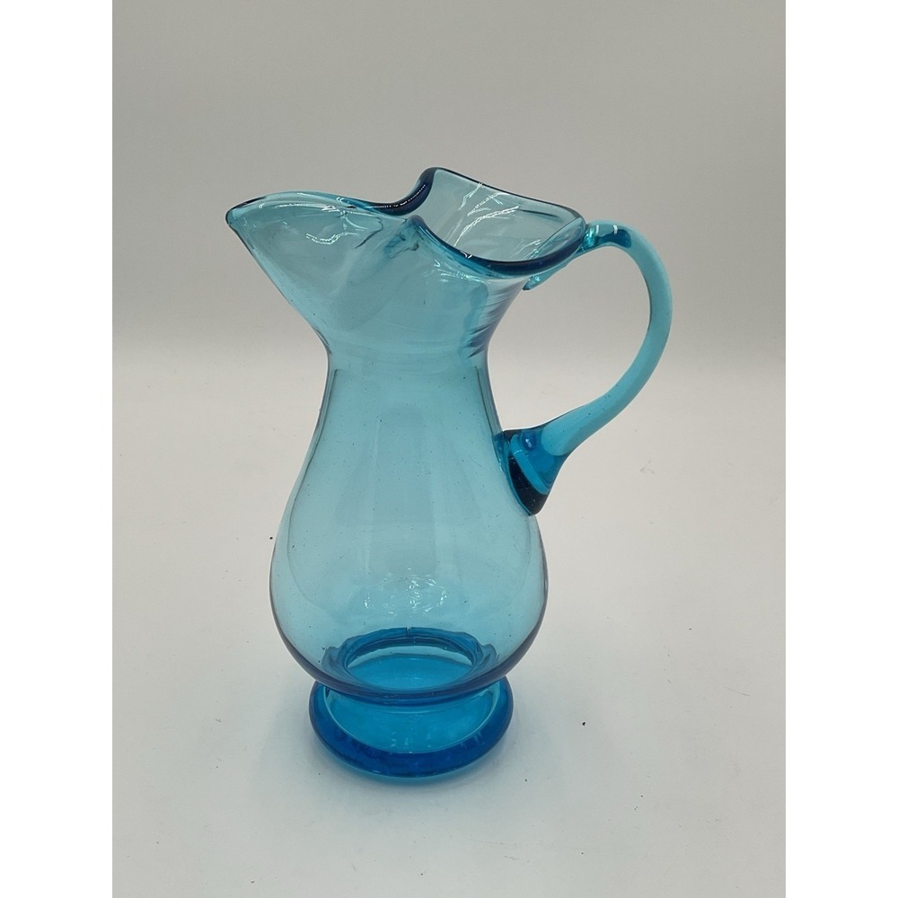Vintage Hand Blown Aqua Blue Art Glass Pitcher Vase Mid Century Modern MCM